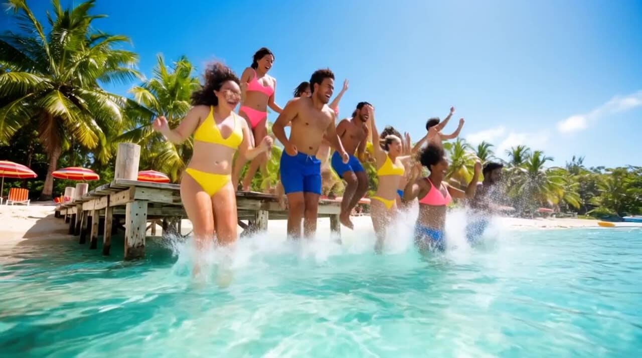 Friends laughing at a tropical beach resort
